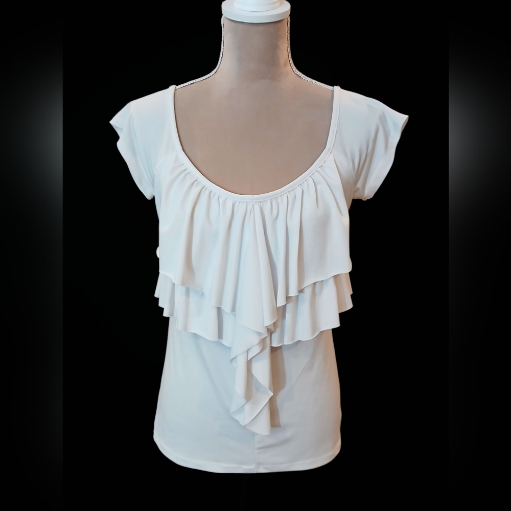 Y2k Dots White Ruffle Stretch Shirt Juniors Small Fairy Romantic Whimsical